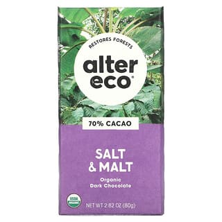 Alter Eco, Barre de chocolat noir biologique, Sel et malt, 70 % de cacao, 80 g
