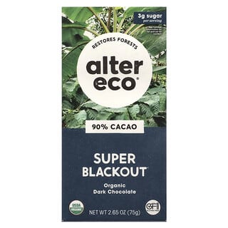 Alter Eco, Tablette de chocolat noir biologique, Super blackout, 90 % de cacao, 75 g