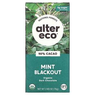 Alter Eco, Barre de chocolat noir biologique, Blackout à la menthe, 90 % de cacao, 75 g