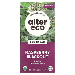 Alter Eco, Barra de chocolate negro orgánico, Blackout de frambuesa, 85% de cacao`` 75 g (2,65 oz)