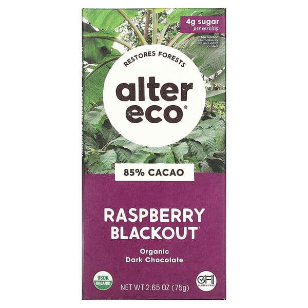 Alter Eco, Organic Dark Chocolate Bar, Raspberry Blackout, 85% Cacao, 2.65 oz (75 g)