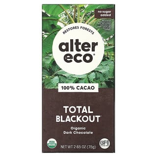 Alter Eco, Barra de chocolate negro orgánico, Apagón total, 100% cacao`` 75 g (2,65 oz)