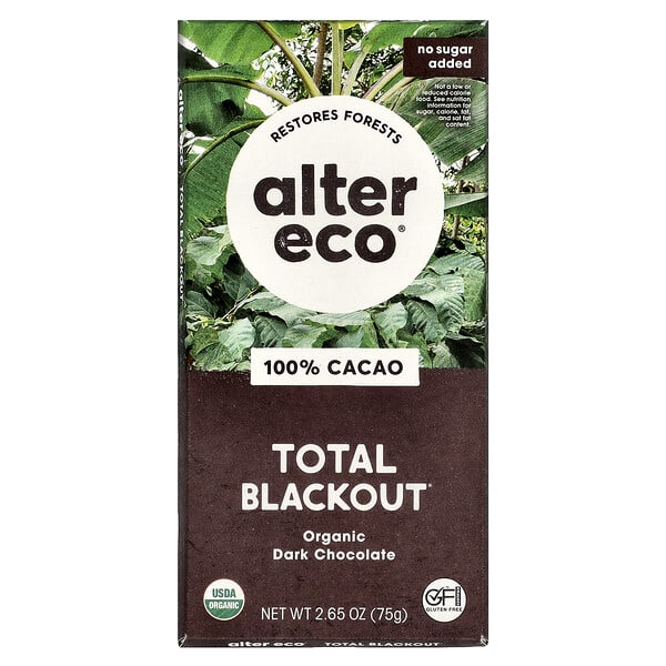 Alter Eco (알터 에코), Total Blackout®, 유기농 다크 초콜릿 바, 카카오 100%, 75g(2.65oz)