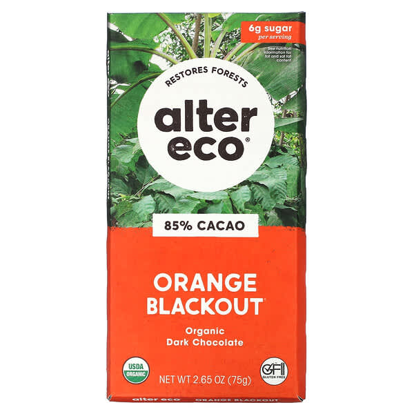 Alter Eco, Organiczny baton gorzkiej czekolady, pomarańczowe zaciemnienie, 85% kakao, 75 g
