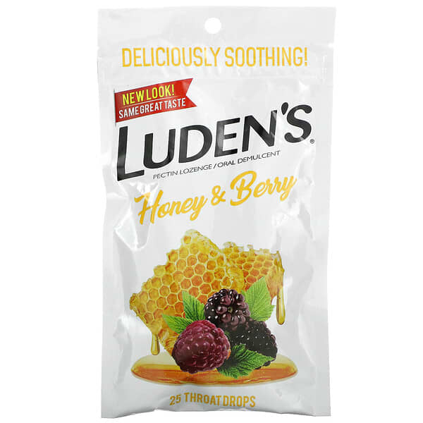 Luden's, Леденцы с пектином, успокаивающее средство для полости рта, с медом и ягодами, 25 леденцов для горла