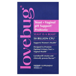 LoveBug Probiotics, Probiótico para reforzar el pH vaginal y proteger contra las infecciones provocadas por hongos en forma de levadura, 50.000 millones de UFC, 30 cápsulas