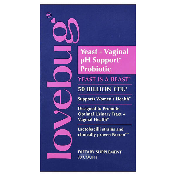 LoveBug Probiotics, 酵母 + 女性私密部位 pH 幫助益生菌，500 億 CFU，30 粒膠囊
