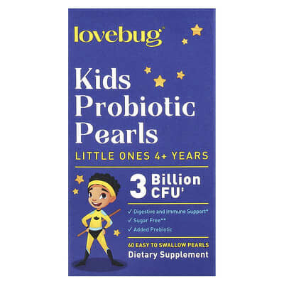 LoveBug Probiotics, Probiotic Pearls for Kids, Ages 4+, 3 Billion CFU, 60 Easy-Swallow Pearls