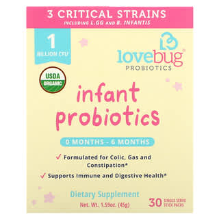 LoveBug Probiotics, البروبيوتيك للرضع، 0-6 أشهر، مليار وحدة تشكيل مستعمرة، 30 كيسًا يحتوي كل منهم على جرعة واحدة، 0.05 أونصة (1.5 جم) لكل كيس