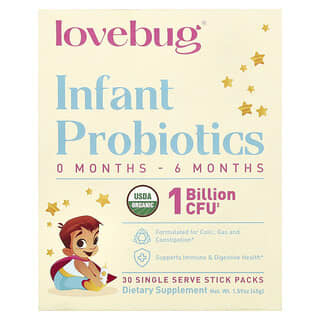 LoveBug Probiotics, Probiotici per l’infanzia, 0-6 mesi, 1 miliardo di CFU, 30 bustine monodose, 1,5 g ciascuna