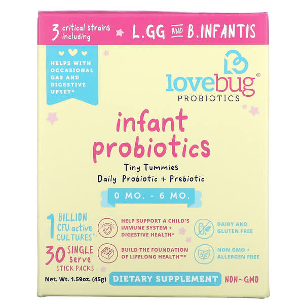 LoveBug Probiotics‏, פרוביוטיקה לתינוקות, 6-0 חודשים, מיליארד יחידות יוצרות מושבה, 30 שקיקים אישיים, 1.5 גרם (0.05 אונקיות) כל אחד