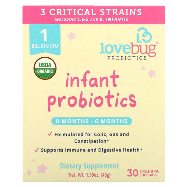 LoveBug Probiotics (لاف باغ بروبيوتيك)‏, البروبيوتيك للرضع، 0-6 أشهر، مليار وحدة تشكيل مستعمرة، 30 كيسًا يحتوي كل منهم على جرعة واحدة، 0.05 أونصة (1.5 جم) لكل كيس