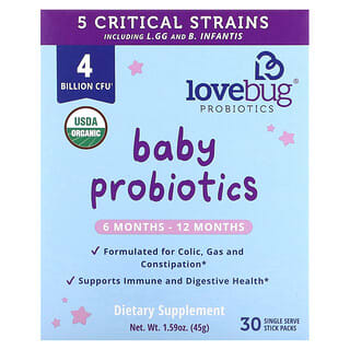 LoveBug Probiotics (لاف باغ بروبيوتيك)‏, بروبيوتيك للرضع، من عمر 6-12 شهرًا، 4 مليار وحدة تشكيل مستعمرة، 30 كيسًا يحتوي كل منهم على جرعة واحدة
