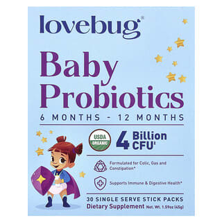 LoveBug Probiotics, Probióticos para Bebês, 6–12 Meses, 4 Bilhões de UFCs, 30 Embalagens de Porções Individuais