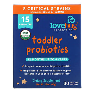 LoveBug Probiotics, โพรไบโอติกสำหรับเด็กเล็กอายุ 12 เดือนถึง 4 ปี จุลินทรีย์ 1.5 หมื่นล้าน CFU บรรจุซองหน่วยบริโภคเดียว 30 ซอง
