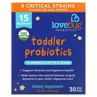 LoveBug Probiotics, Toddler Probiotics, 12 Months Up To 4 Years, 15 Billion CFU, 30 Single Serve Stick Packs