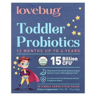 LoveBug Probiotics, Probióticos para Crianças Pequenas, 12 Meses até 4 Anos, 15 Bilhões de UFCs, 30 Embalagens de Porções Individuais, 1,8 g (0,06 oz) Cada