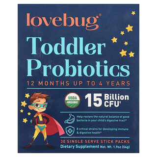 LoveBug Probiotics, Probióticos para niños pequeños, De 12 meses a 4 años, 15.000 millones de UFC, 30 sobrecitos individuales, 1,8 g (0,06 oz) cada uno