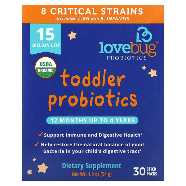 LoveBug Probiotics, Toddler Probiotics, 12 Months Up To 4 Years, 15 Billion CFU, 30 Stick Packs, 0.06 oz (1.8 g) Each
