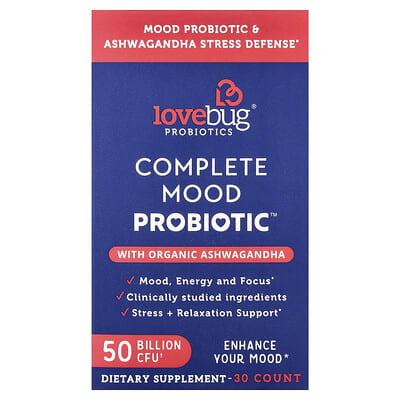 LoveBug Probiotics, Complete Mood, Organic Ashwagandha Probiotic, 50 Billion CFU, 30 Capsules