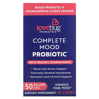 LoveBug Probiotics, Complete Mood Probiotic, Probiótico completo para el estado de ánimo con ginseng indio orgánico, 50.000 millones de UFC, 30 unidades