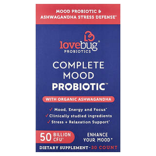 LoveBug Probiotics, Complete Mood Probiotic with Organic Ashwagandha, 50 Billion CFU, 30 Capsules
