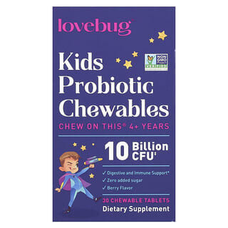 LoveBug Probiotics, Probióticos para Crianças, Acima de 4 Anos, Frutos Silvestres, 10 Bilhões de UFCs, 30 Comprimidos Mastigáveis