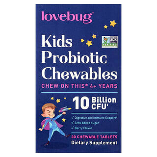 LoveBug Probiotics, Probióticos para Crianças, Mais de 4 Anos, Berry, 10 mil milhões de CFU, 30 comprimidos mastigáveis