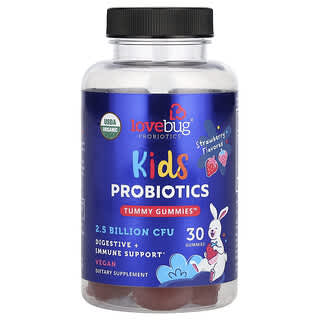 LoveBug Probiotics‏, פרוביוטיקה לילדים, סוכריות גומי לבטן, תות שדה, 2.5 מיליארד CFU‏, 30 סוכריות גומי