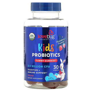 LoveBug Probiotics (لاف باغ بروبيوتيك)‏, بروبيوتيك للأطفال ، علكات على البطن ، فراولة ، 2.5 مليار وحدة تشكيل مستعمرة ، 30 علكة