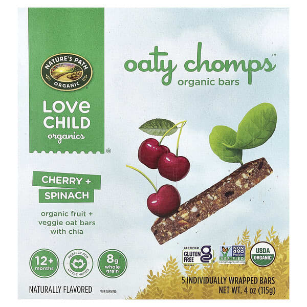 Love Child Organics, Nature's Path, Oaty Chomps™ 유기농 바, 12개월 이상, 체리 + 시금치, 개별 포장된 5개입, 각 23g(0.8oz)