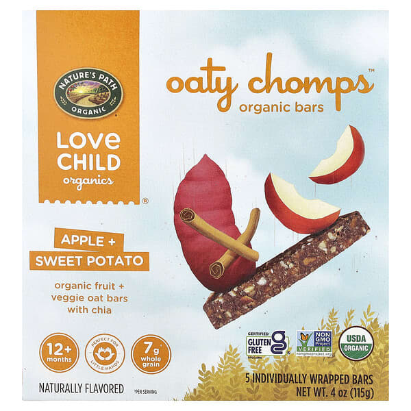 Love Child Organics, Nature's Path, Oaty Chomps™ 유기농 바, 12개월 이상, 사과 + 고구마, 개별 포장 5개, 각 23g(0.8oz)