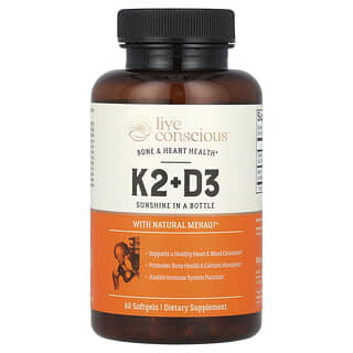 Live Conscious, K2+D3, Santé osseuse et cardiaque, 60 capsules à enveloppe molle