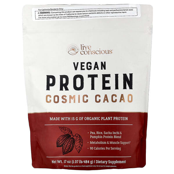 Live Conscious, 비건 단백질, Cosmic Cacao, 484g(1.07lb)