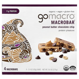 GoMacro, MacroBar®, El placer de las proteínas, Mantequilla de maní y chips de chocolate, 4 barritas, 69 g (2,4 oz) cada una