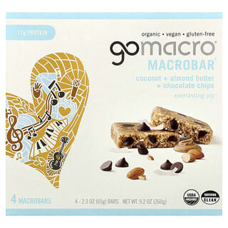 GoMacro, Macrobar®, Everlasting Joy, Coconut, Almond Butter & Chocolate Chips, 4 Bars, 2.3 oz (65 g) Each