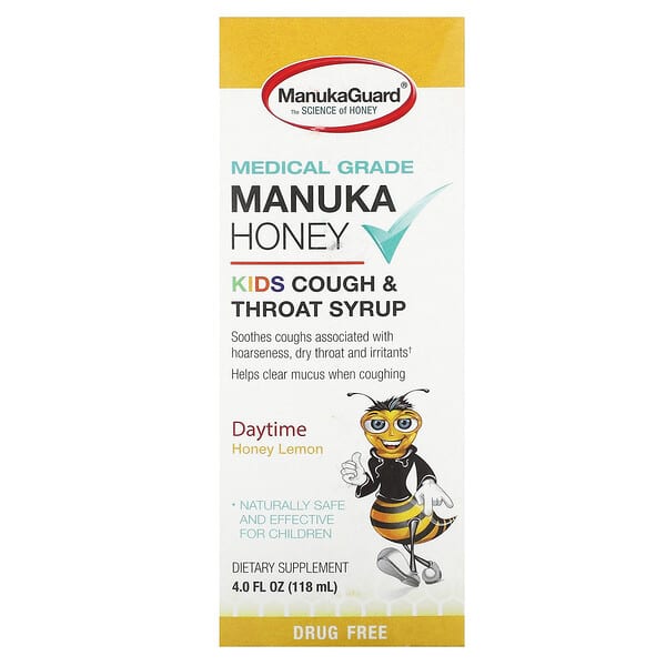 ManukaGuard, Manuka Honey, Kids Cough &amp; Throat Syrup, Daytime, Honey Lemon, 4 fl oz (118 ml)