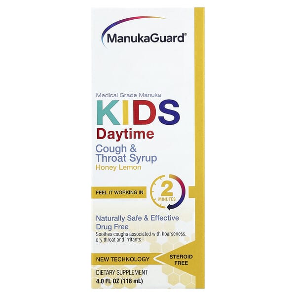 ManukaGuard, 마누카 꿀, 어린이용 기침 및 인후 시럽, 주간, 허니 레몬, 118ml(4fl oz)