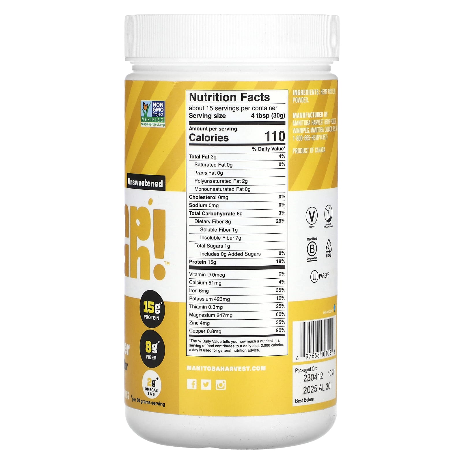 Manitoba Harvest, Organic Hemp Yeah!, Balanced Protein + Fiber, Hemp Protein Powder, Unsweetened