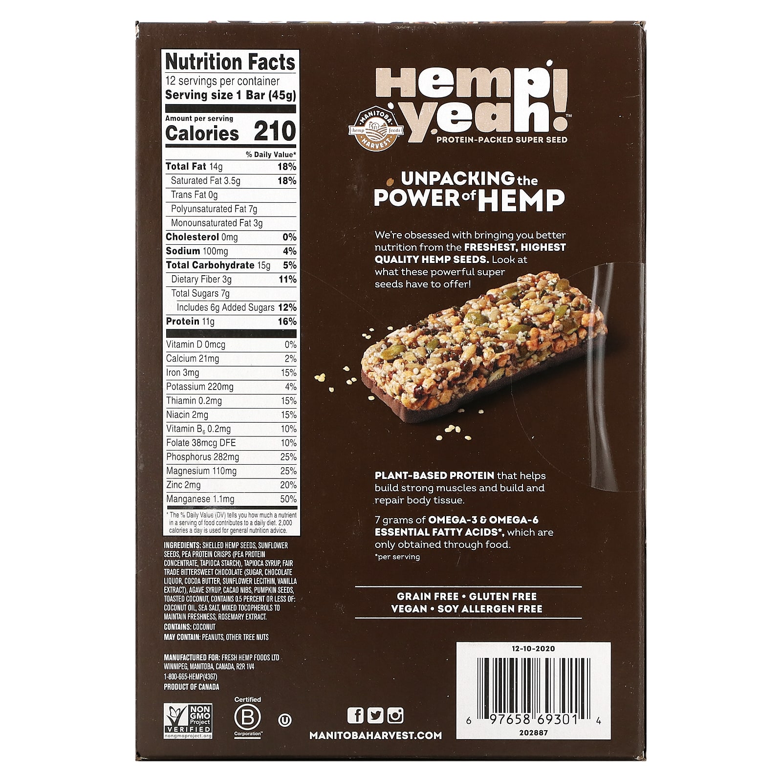 Manitoba Harvest, Hemp Yeah!, ProteinPacked Super Seed Bar, Dark