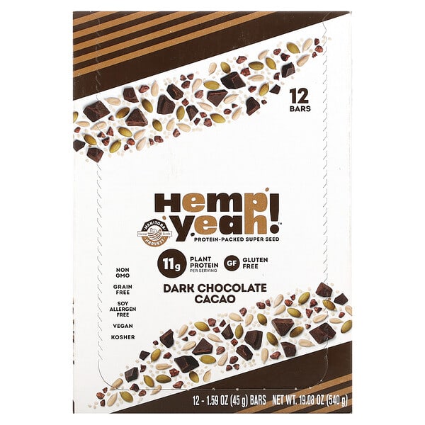 Manitoba Harvest‏, Hemp Yeah!, Protein-Packed Super Seed Bar, Dark Chocolate Cacao, 12 bars, 1.59 oz (45 g) Each