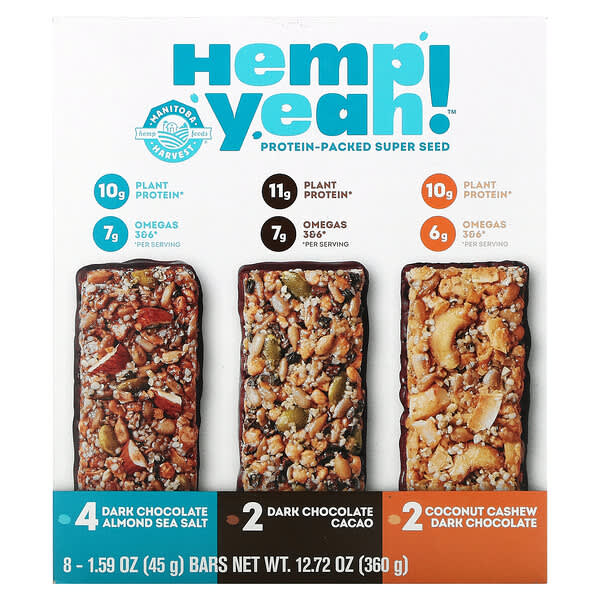 Manitoba Harvest, Cáñamo Barrita de proteína, Paquete variado, 8 barritas, 45 g (1,59 oz) cada una