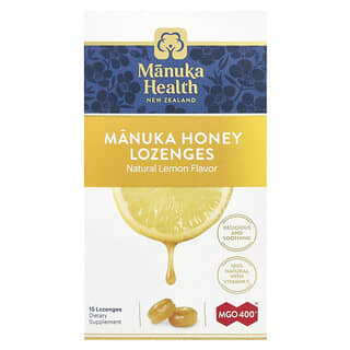 Manuka Health, Pastylki do ssania z miodem manuka, naturalna cytryna, MGO 400+, 15 pastylek