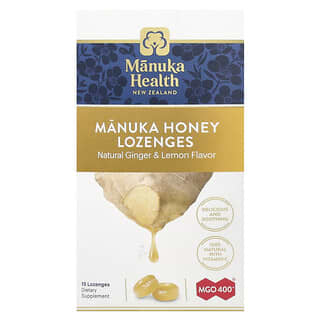 Manuka Health‏, לכסניות דבש מאנוקה, בטעם לימון וג׳ינג׳ר, MGO +400, ‏15 לכסניות