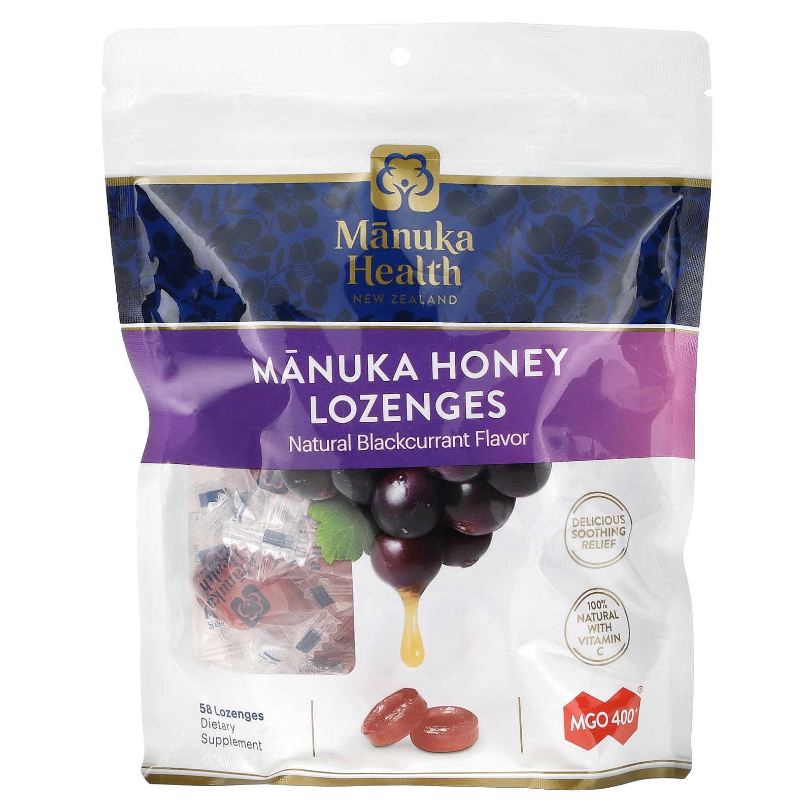 Manuka Health, MGO 400+ Blackcurrant Lozenges, 58 Lozenges | iHerb
