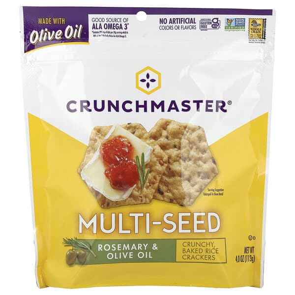 Crunchmaster, Galletas de arroz horneadas crujientes con múltiples semillas, Romero y aceite de oliva, 113 g (4 oz)