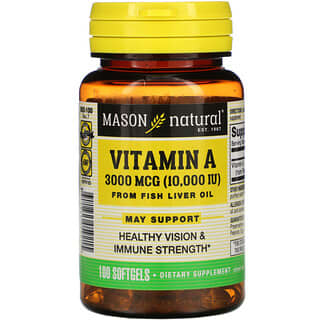 Mason Natural, Vitamine A issue d'huile de foie de poisson, 3000 µg (10 000 UI), 100 capsules à enveloppe molle