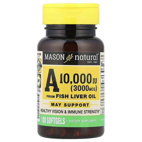 Mason Natural Vitamin A from Fish Liver Oil, 3,000 mcg (10000 IU), 100 Softgels