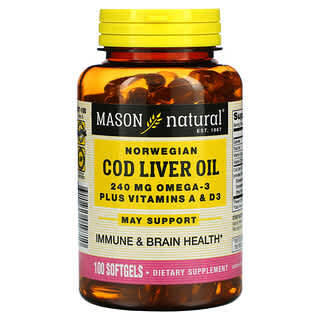 Mason Natural, 挪威鱈魚肝油 + 維生素 A 和 D3，100 粒軟凝膠
