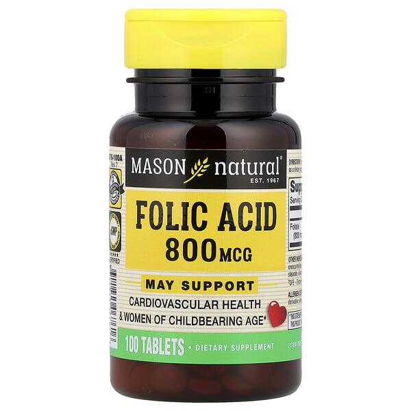 Mason Natural, 엽산, 800mcg, 100정